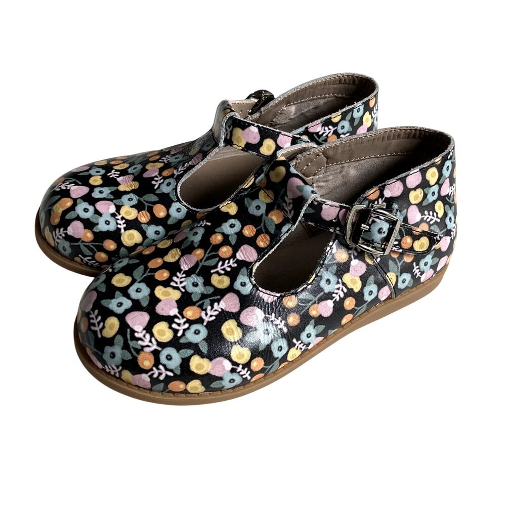 Mon Petit Shoes Hard Sole T-Strap Shoes - Marigold Floral - 12